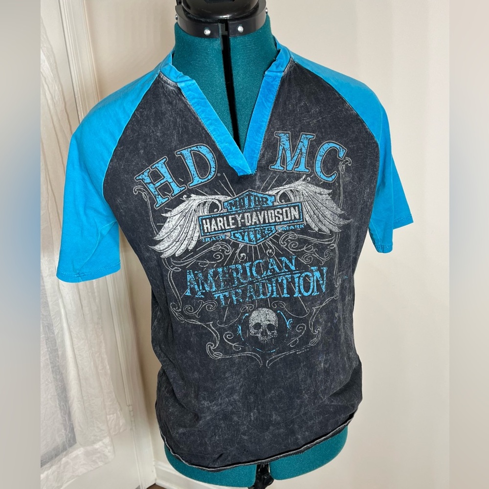 Harley Davidson, black and turquoise, V-neck T-shirt, the Woodlands, TX - medium